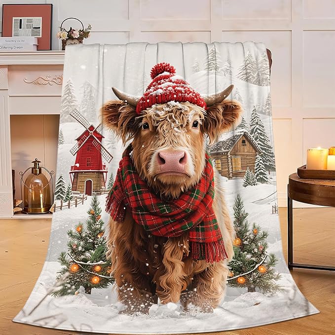 Highland Cow Blanket Christmas Cattle Throw Blanket Winter Snow Soft Cozy Fleece Fuzzy Stuffed Plush Farm Animal Flannel Gifts for Girls Women Boys Kids Adults 60"X80"
