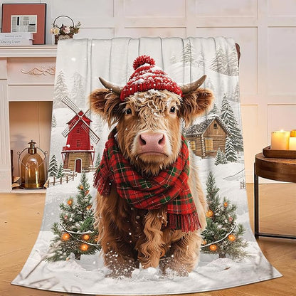Highland Cow Blanket Christmas Cattle Throw Blanket Winter Snow Soft Cozy Fleece Fuzzy Stuffed Plush Farm Animal Flannel Gifts for Girls Women Boys Kids Adults 60"X80"
