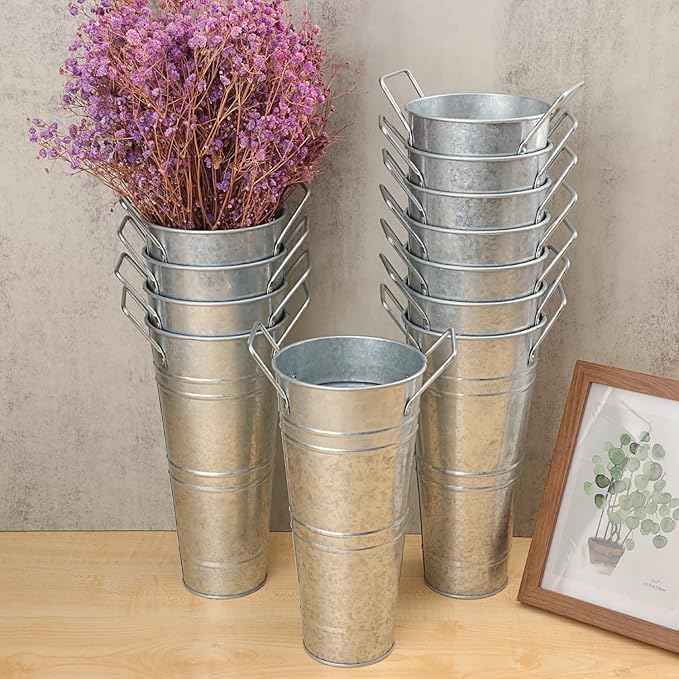 12 PCS 9 Inch Metal Flower Vase for Cut Flowers, Galvanized Metal Floral Buckets, Vintage Style Galvanized Flower Bucket for Home Décor & Wedding Centerpiece (Silver)