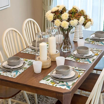 Lemon Linen Placemats Set of 6 Retro Plant Bird Print Placemats for Indoor Outdoor Party Home Desktop Kitchen Dining Room Decor 12x18 Inch
