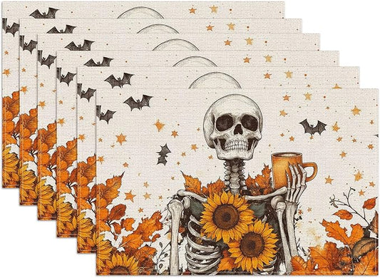 Fall Skull Sunflower Placemats Set of 6, Halloween Bat Linen Place Mat Washable Stain Resistant Table Mats for Farmhouse Kitchen Dining 12x18 Inch