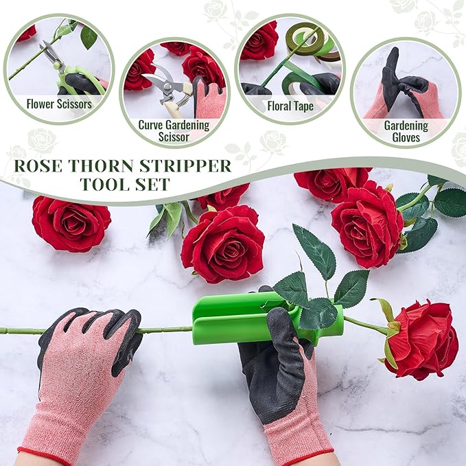 Lasnten 9 Pcs Rose Stripper Thorn Remover Set Include 1 Rose Thorn Stripper Tool 5 Floral Tape 1 Flower Scissor 1 Curve Gardening Scissors 1 Pair Gardening Gloves for Home Wedding Florist(Green)