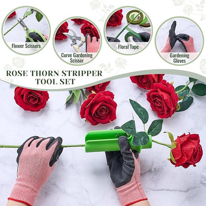 Lasnten 9 Pcs Rose Stripper Thorn Remover Set Include 1 Rose Thorn Stripper Tool 5 Floral Tape 1 Flower Scissor 1 Curve Gardening Scissors 1 Pair Gardening Gloves for Home Wedding Florist(Green)