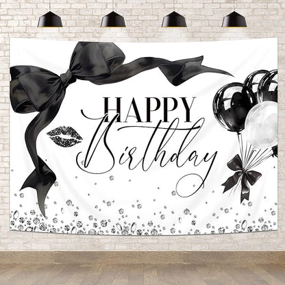 Black Bow Happy Birthday Banner Backdrop 5Wx3H Photography Girls Coquette Birthday Decorations Black White Bowknot Balloons Background Women Party Decorations Photo Booth Props Supplies