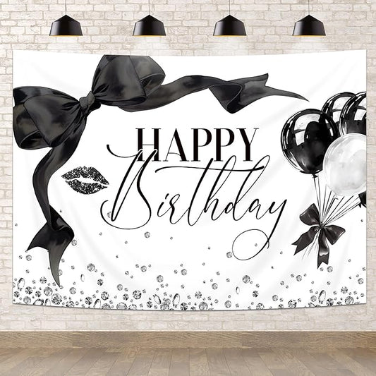 Black Bow Happy Birthday Banner Backdrop 5Wx3H Photography Girls Coquette Birthday Decorations Black White Bowknot Balloons Background Women Party Decorations Photo Booth Props Supplies
