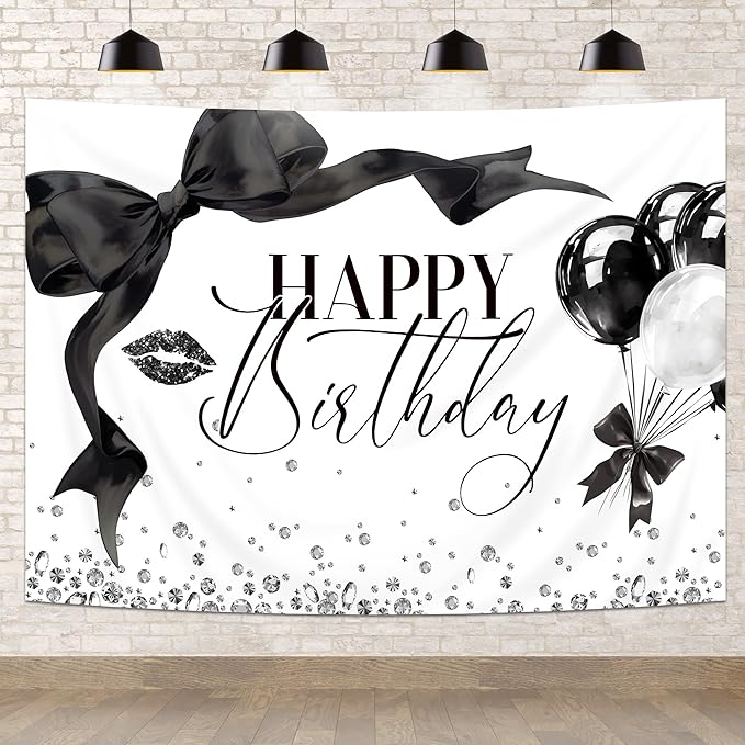 Black Bow Happy Birthday Banner Backdrop 8Wx6H Photography Girls Coquette Birthday Decorations Black White Bowknot Balloons Background Women Party Decorations Photo Booth Props Supplies