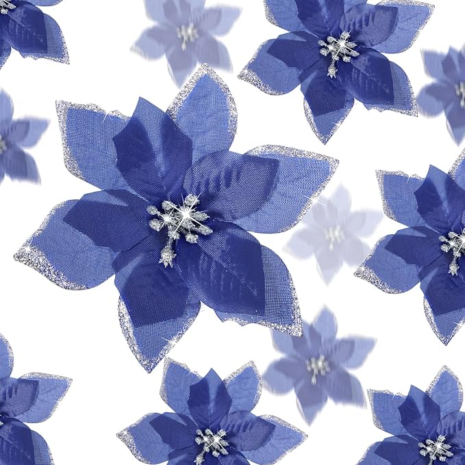 WILLBOND 24 Pcs 3 Size Poinsettia Flower Artificial Christmas Decor Glitter Poinsettia Christmas Ornaments Faux Flowers for Xmas Tree Outdoor(3.2/4/6 Inches,Navy Blue)