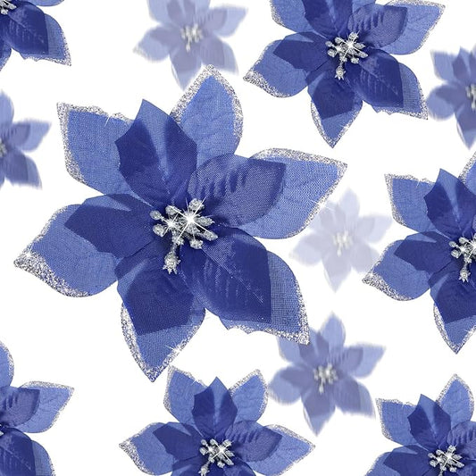 WILLBOND 24 Pcs 3 Size Poinsettia Flower Artificial Christmas Decor Glitter Poinsettia Christmas Ornaments Faux Flowers for Xmas Tree Outdoor(3.2/4/6 Inches,Navy Blue)