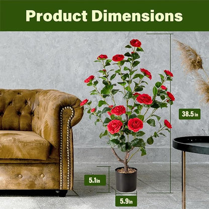 Artificial Camellia Tree,2Pack 3.2FT Faux Red Camellia Plants in Pots,Lifelike Artificial Flower Trees for Indoor Outdoor Home Decor,Realistic Blooming Faux Plants for Living Room Porch Patio Office