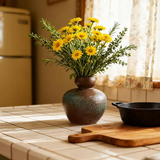 Ceramic Small Flower Vase-5.2" Rustic Farmhouse Vases Home Decor, Terracotta Vases Vintage Living Room, Kitchen Bedroom Decorations for House Book Shelf Office Coffee Desk Dining Fireplace