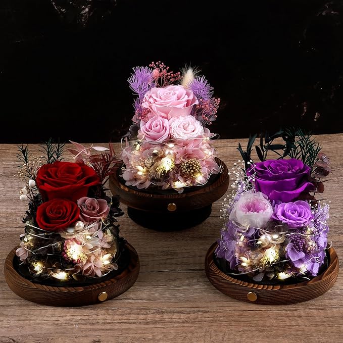 Large Preserved Flowers with Card&Box-Flowers for Delivery Prime,Eternal Rose with Lights,Roses in Glass Dome,Romantic Gift for Her,Decoration,Fresh Rose Flowers for Mom,Birthday,Anniversary (Purple)