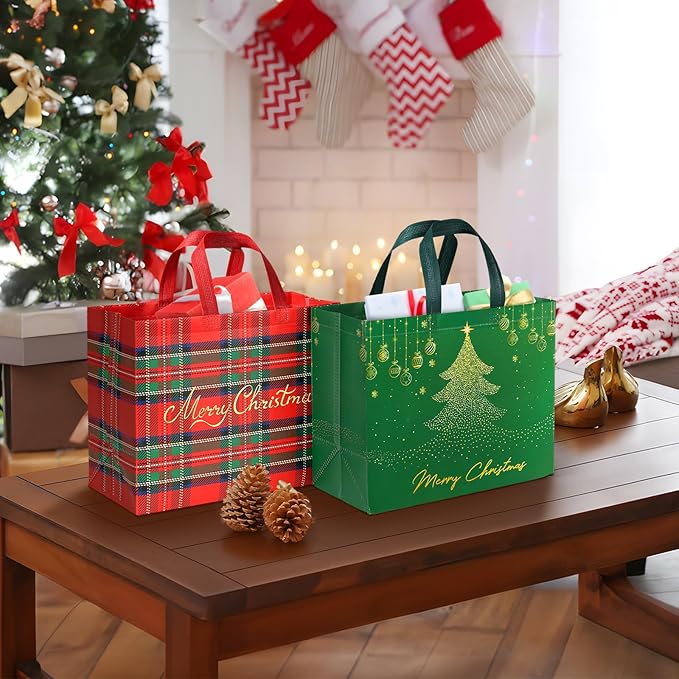 YANGTE 2 Pack 13" Large Christmas Gift Bags with Tissue Paper, Reusable Non-Woven Christmas Bag with Handles for Holiday Presents Wrapping, Holiday Tote Bags for Gifts Wrapping Xmas Party Favors