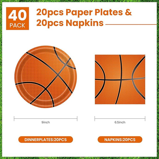 40 Pcs Basketball Plates and Napkins Party Supplies, Basketball Birthday Party Decorations Disposable Paper Plates and Napkins Tableware Set for Birthday Party Baby Shower Serves 20