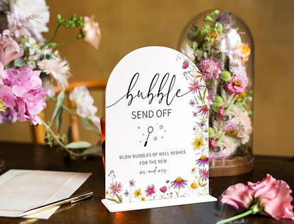 Bubble Send off Sign for Wedding Table Decor, Wild Flower Arch Acrylic Wedding Signs for Reception, Love Is In Bloom Bridal Shower Floral Engagement Party Decorations, 6x8 Inch