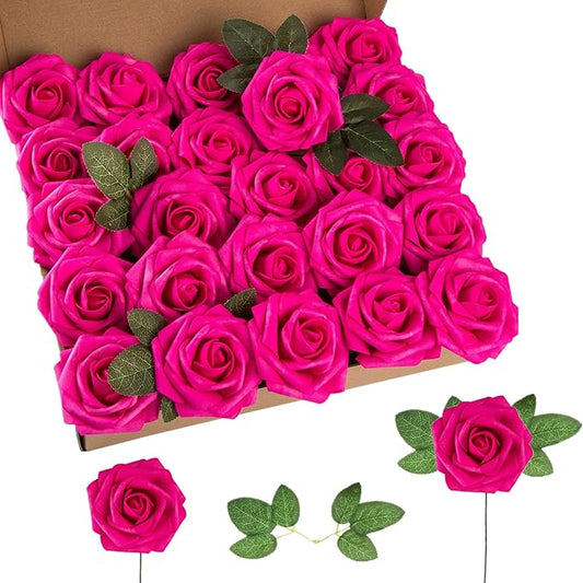Artificial Flower Foam Rose 25pcs Real Looking Fake Rose with Stems Leaves for Home Decoration Party Garden Centerpieces DIY Wedding Bouquets（Hot Pink）