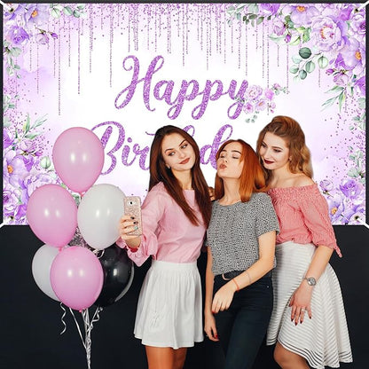 Avezano Happy Birthday Backdrop Banner for Girls Women Happy Birthday Party Decorations Floral Glitters Bday Banner Party Supplies (Purple, 6x3.6ft)