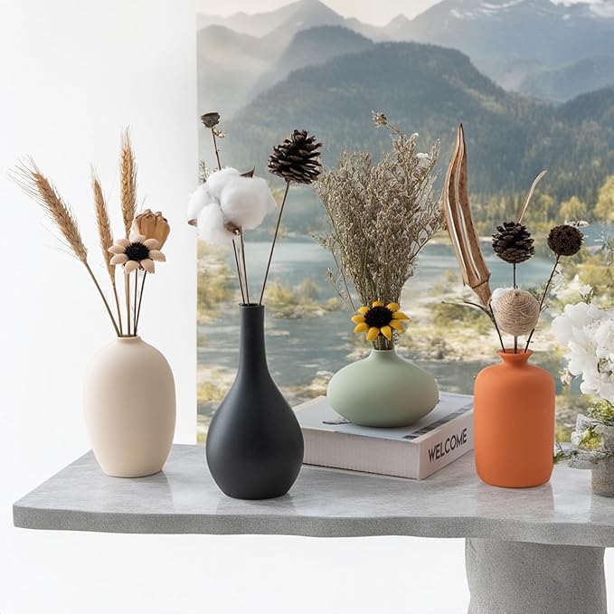 Ceramic Vase Set of 4 for Modern Home Decor Minimalist Bohemian,Round Matte Vases for Dried Flowers&Pampas Grass Ceramic Decoration for Office,Shelf,Living Room,Bedroom,Entryway Decor