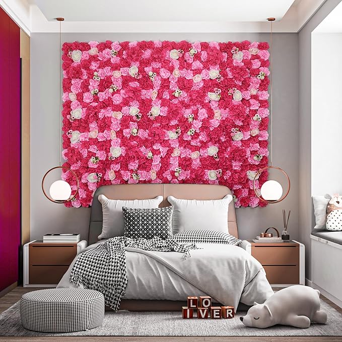 Artificial Flower Wall Backdrop 16pcs 16.5x16.5 Inch Silk Rose Floral Panels Ideal for Wedding Celebrations, Festive Party Backdrops, and Elegant Home Decor-Pink and Rose Red