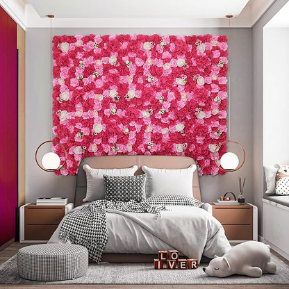 Artificial Flower Wall Backdrop 16pcs 16.5x16.5 Inch Silk Rose Floral Panels Ideal for Wedding Celebrations, Festive Party Backdrops, and Elegant Home Decor-Pink and Rose Red