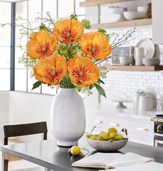 Hollyone 5Pcs Orange Poppy Flowers Artificial Bouquet 32.2" Silk Fake Poppy Flowers Arrangement Real Touch Faux Poppies Flower Long Stem for DIY Wedding Party Table Centerpiece Table Home Decor
