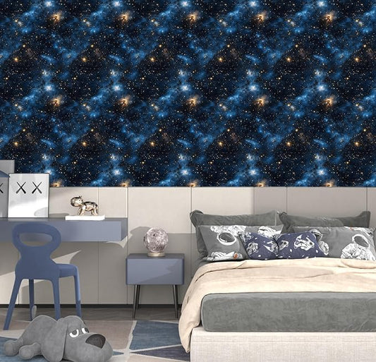 Blue Starry Peel and Stick Removable Black Sky Contact Paper 17.5" x 118", Gold Star Modern Wallpaper Mural Waterproof Self Adhesive for Wall Bedroom Bathroom Kitchen Cabinet Room Decor