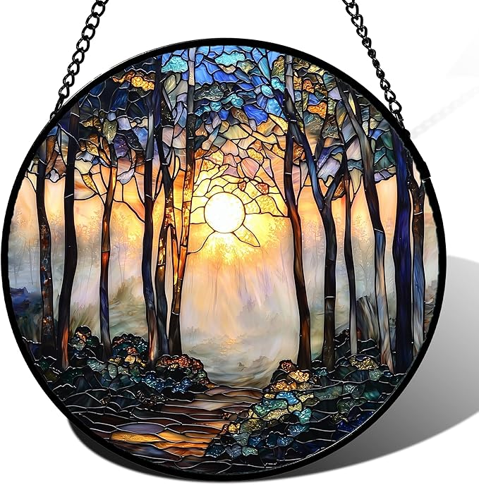 Stained Glass Window Hanging, Forest Sunrise Smoke Blue Brown Tree Suncatcher for Doors Window Home Landscape Sun Catchers Decor Mother's Day Birthday Gifts for Women, Men Mom 15 in