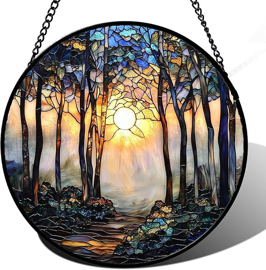 DASTOLL Stained Glass Window Hanging, Forest Sunrise Smoke Blue Brown Tree Suncatcher for Doors Window Home Landscape Sun Catchers Decor Mother's Day Birthday Gifts for Women, Men Mom 11.8 in