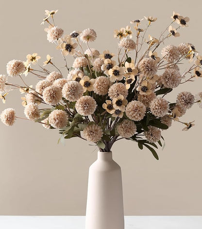 HyeFlora Fake Kiku Flowers,Faux Silk Pompon Mums 40heads Artificial Flowers,Chrysanthemum Stems Floral Arrangement Dried Flowers Vintage Decorative Indoor Home Vase Decor Beige with Wax