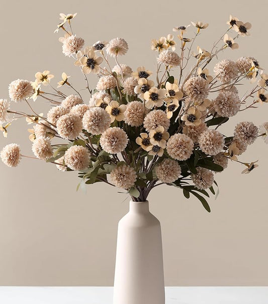 HyeFlora Fake Kiku Flowers,Faux Silk Pompon Mums 40heads Artificial Flowers,Chrysanthemum Stems Floral Arrangement Dried Flowers Vintage Decorative Indoor Home Vase Decor Beige with Wax
