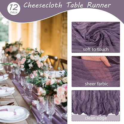 Fivenl 12 Pack Grape Cheesecloth Boho Gauze Table Runner 35x72 Inch Rustic Elegant Long Table Runner Wedding Bridal Shower Birthday Party Table Decor