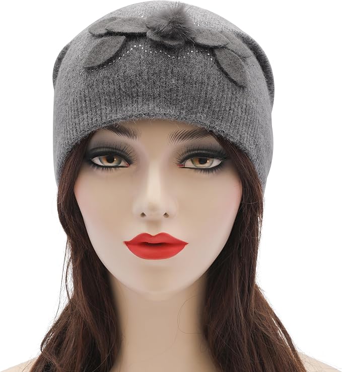 ZLYC Women Floral Slouchy Beanie Hat Double Layer Winter Knit Skull Cap