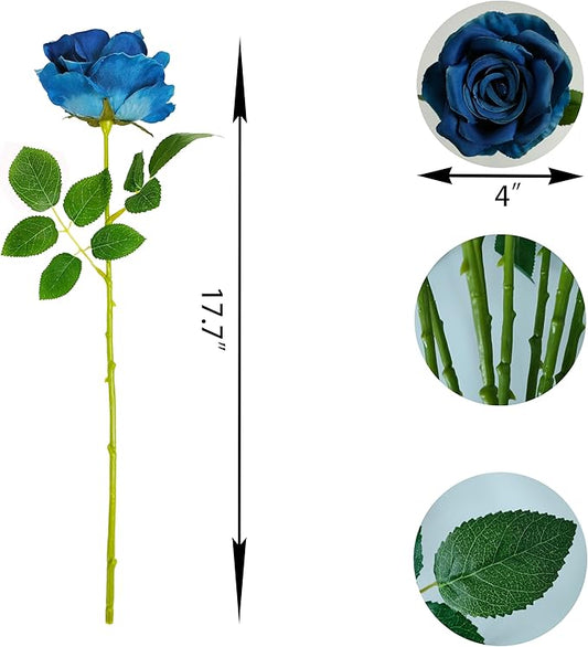 ATFL Grayish Blue Plastic Roses Bouquet,Realistic Gray Blue Flowers Artificial for Vase,12 Pcs Artificial Long Stem Fake Faux Silk Floral Roses for Decorations