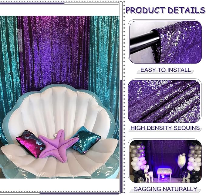 Purple Sequin Backdrop Curtains Glitter Drapes 2FTx8FT 2 Panels for Wedding Birthday Party Decorations Sparkly Photography Background