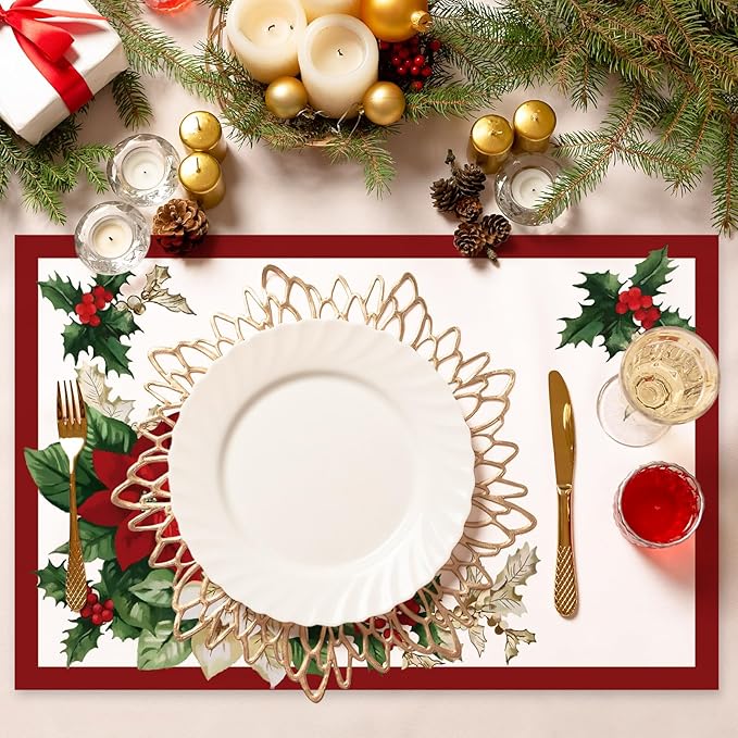 50 Pack Christmas Paper Placemats Poinsettia Disposable Place Mats Red Green Christmas Flower Decorative Paper Table Mats for Xmas Holiday Home Kitchen Table Top Decor
