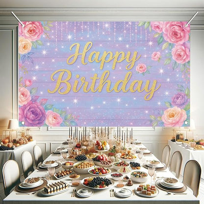 71 x 43 Inch Happy Birthday Backdrop Purple Pink Floral Glitter Rose Birthday Party Decorations Banner for Girls Women Kids Birthday Supplies Photo Booth Wall Backdrop Photography Props