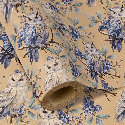 WRAPAHOLIC Kraft Christmas Wrapping Paper - Mini Roll - 17 Inch x 33 Feet - Owl Wrapping Paper Wild Animal Winterfall Watercolor Design for Christmas, Holiday, Party Celebration