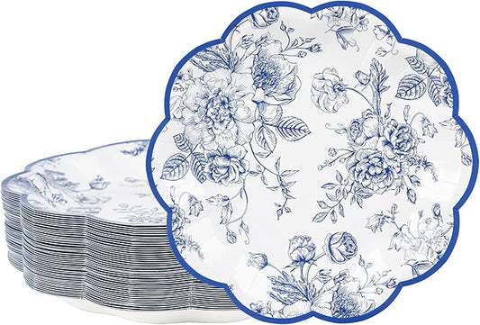 Blue Floral Party Plates Vintage Floral Leaf Disposable Paper Plates Wildflower Blue Toile 7" Scalloped Rim Dessert Plates for Christmas Birthday Bridal Tea Party Supplies (48)