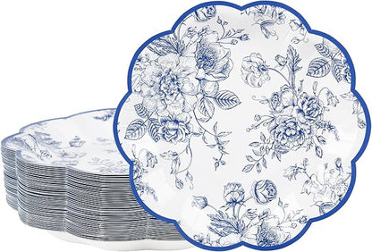 Blue Floral Party Plates - Vintage Leaf Disposable Paper Plates, Wildflower Toile 7" Scalloped Rim Dessert Plates for Christmas, Birthday, Bridal Tea Party Supplies (24 Count)