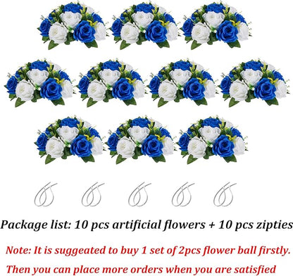 Flower Balls Wedding Rose Centerpieces: 10 Pcs Fake Flowers Royal Blue&White Kissing Balls Decor Artificial Floral Arrangements Flower Bouquet of Roses Home Party Table DIY Decorations