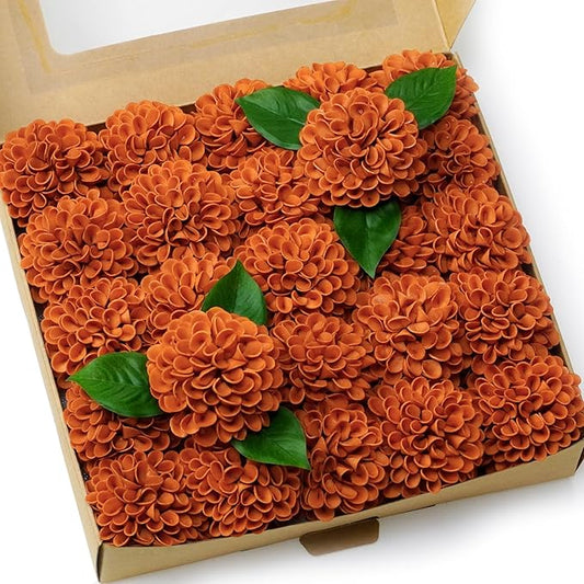 Artificial Wedding Cake Flowers Dahlia Flowers 25 pcs with Stem for DIY Wedding Decor Centerpieces Arrangements Bouquets (Orange)