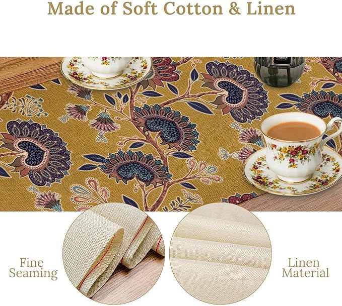 Boho Floral Table Runner, Mustard Yellow Paisley Floral Vintage Farmhouse Table Runner for Kitchen Dining Holiday Party Decor, 13x70 Inch