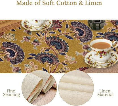Boho Floral Table Runner, Mustard Yellow Paisley Floral Vintage Farmhouse Table Runner for Kitchen Dining Holiday Party Decor, 13x90 Inch
