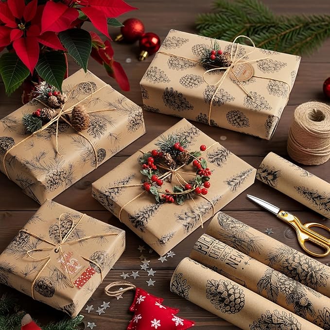 YANGTE Vintage Christmas Wrapping Paper Rolls, Brown & Black Wrapping Paper Christmas with Twine and Greeting Cards, 4 Rolls Holiday Gift Wrapping Paper, 17 x 120 inch per Roll