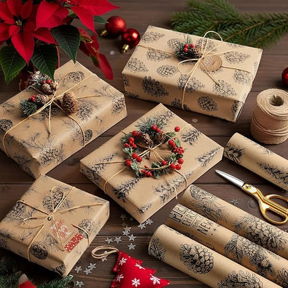 YANGTE Vintage Christmas Wrapping Paper Rolls, Brown & Black Wrapping Paper Christmas with Twine and Greeting Cards, 4 Rolls Holiday Gift Wrapping Paper, 17 x 120 inch per Roll