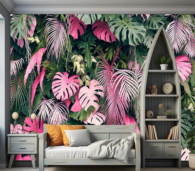 Cliouar-Leaves Green and Pink, Tropical Plants,Wall Mural Wallpaper Peel and Stick 160" x 114"
