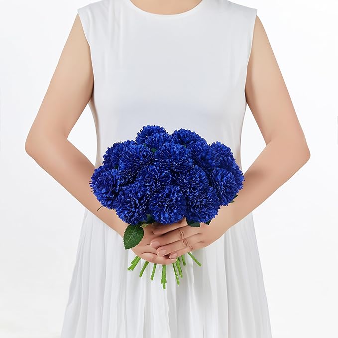 SITUMEIZI 12 Pcs Blue Artificial Chrysanthemums Flowers Ball Flower Fake Mums Silk for Wedding Home Kitchen Decoration Floral Arrangement