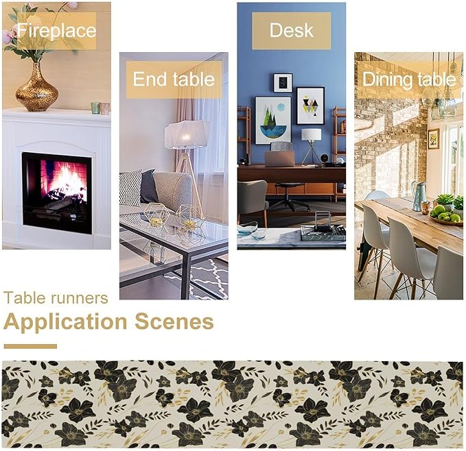 Black Gold Floral Table Runner, Mordern Minimalist Luxury Golden Floral Leaves Print Table Runner for Indoor Outdoor Home Decor Party Decor, 13x90inch