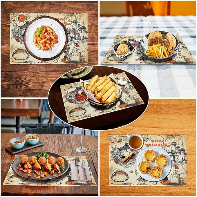 Halloween Placemats Vintage Rustic Farmhouse Gothic Dark Castle Halloween Witch Pumpkin Black Cat Raven Skull Moths Placemats Table Kitchen Dining Party 12x18 Inch Set of 6