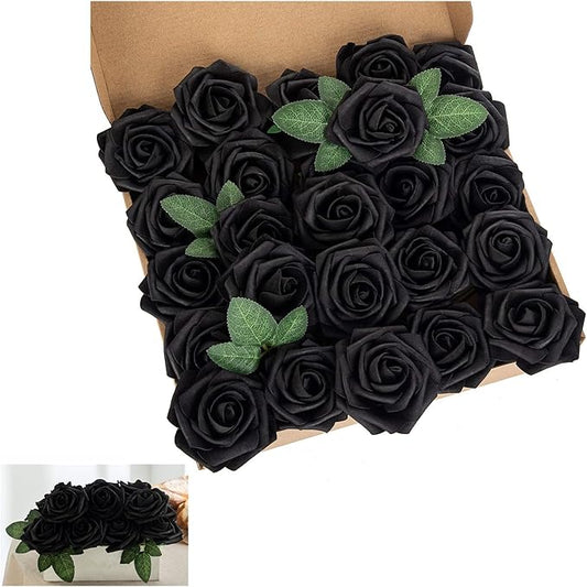 Artificial Flower Black Rose 25pcs Real Fake Rose with Stems Leaves for Home Decoration Party Garden Centerpieces DIY Wedding Bouquets（Black）