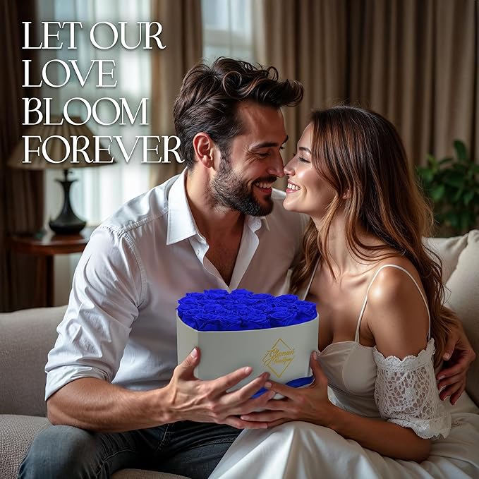 GLAMOUR BOUTIQUE Preserved Roses in a Box - Gifts for Her, Wife & Mom, Rose Flowers Forever Decor for Birthday Gift, Get Well Flower Bouquet Cased in White Box with Cover - Blue - 27-Piece